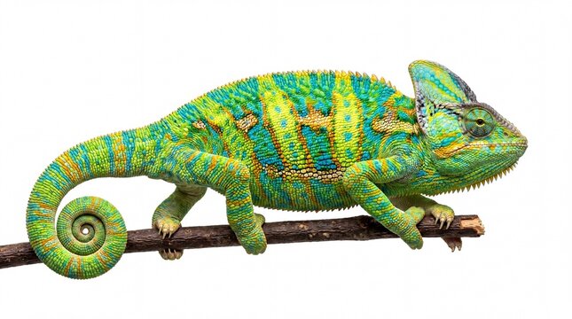 Colorful chameleon lizard resting on a thin tree branch