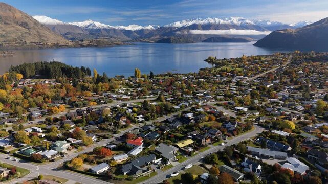 Aerial of Wanaka Township Lake and Mountains Autumn