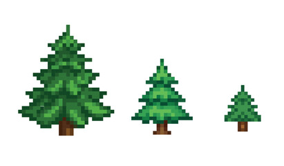 Fototapeta premium Pixel art illustration of a simple green pine trees with a brown trunk, isolated on a white background, 8-bit 