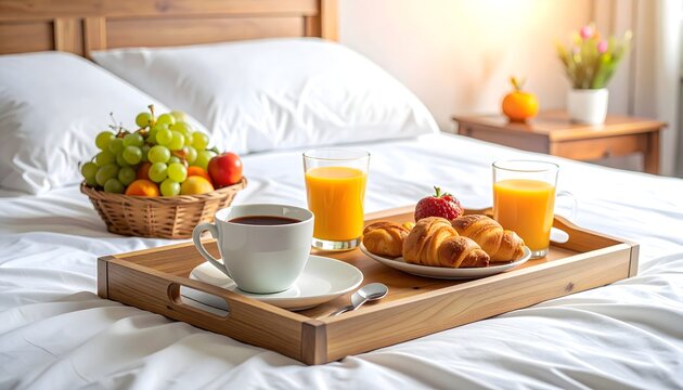 Desayuno servido en la cama con caf&eacute;, zumo, croissants y fruta fresca en una habitaci&oacute;n luminosa