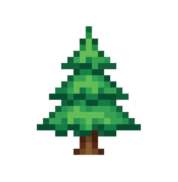 Pixel art illustration of a simple green pine tree with a brown trunk, isolated on a white background, 8-bit retro style.