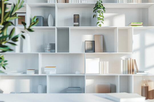Modern cube style bookshelf with a vibrant color block palette and organic shapes. Stylish background setting for online work.