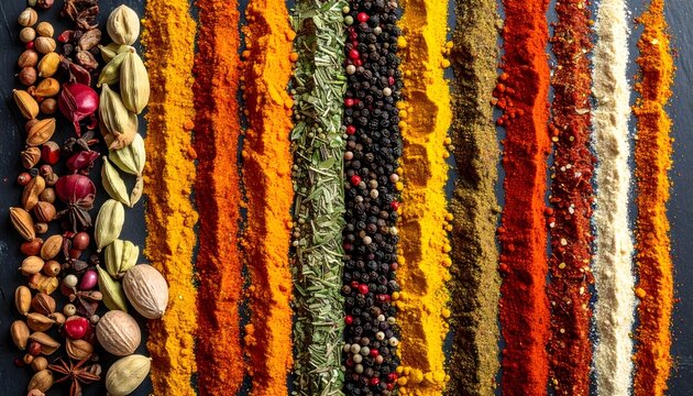 Variedad de especias y legumbres de colores organizadas en franjas verticales