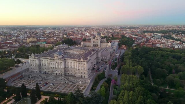 Aerial view of Royal Palace. Madrid. Spain. Medieval Buildings Landscape. Santa Maria Cathedral.