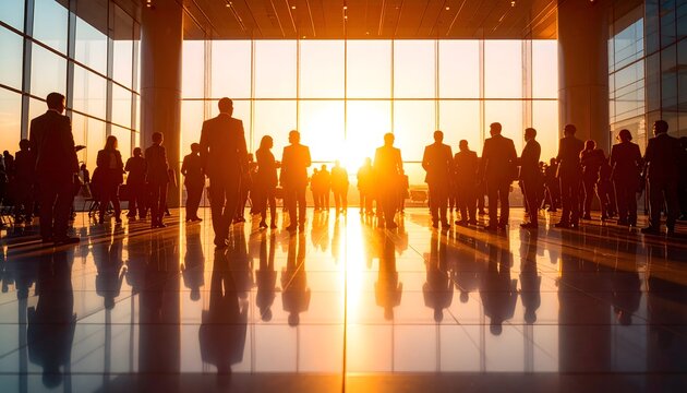 Viajeros en terminal de aeropuerto al atardecer con siluetas y reflejos en el suelo
