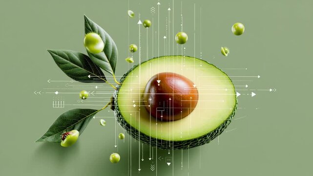 Sliced avocado with brown seed and green flesh, surrounded by floating green olives and leaves, set against a soft green background with graphic elements