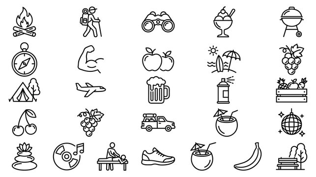 Set of vacation and travel icons on white background.
