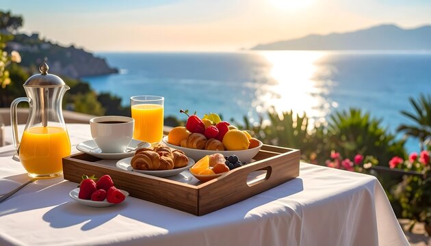 Desayuno mediterr&aacute;neo en terraza con vistas al mar al amanecer