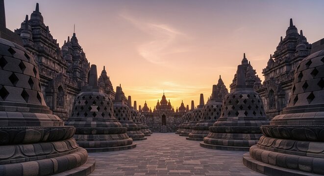 Borobudur Temple at sunset Indonesia landscape.