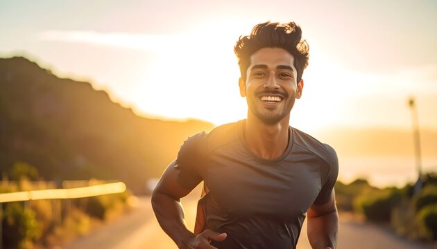 Hombre joven corriendo al aire libre al atardecer con energ&iacute;a y estilo de vida saludable