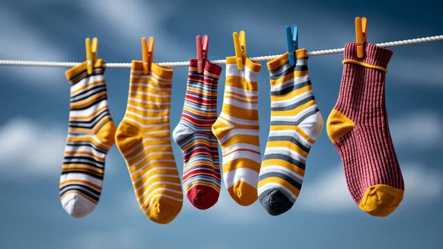 Colorful striped socks hanging on a clothesline against a blue sky, showcasing a variety of patterns and colors in a bright, sunny outdoor setting