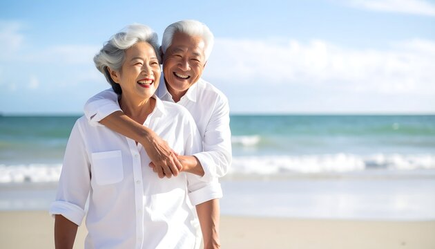 Pareja mayor feliz abrazada en la playa disfrutando de una jubilaci&oacute;n activa y saludable