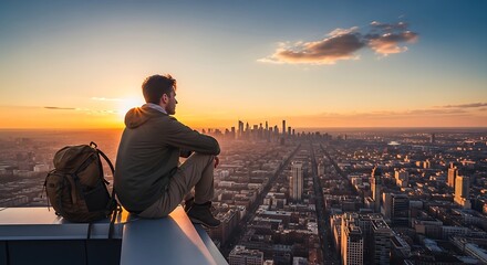 Fototapeta premium Man sitting on rooftop overlooking cityscape.