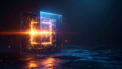 Fototapeta premium Digital Quantum: A mesmerizing digital representation of a luminous quantum cube, radiating energy and innovation in a futuristic realm. 