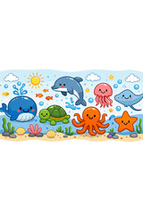 Fototapeta premium Cute Ocean Animals Cartoon Art Style With Underwater Scene