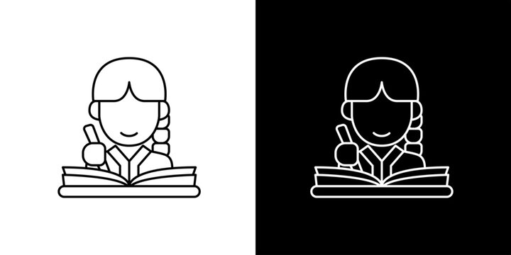 Clean line art icon of a smart student with glasses reading an open book, giving a thumbs-up, representing active learning, knowledge, and academic success