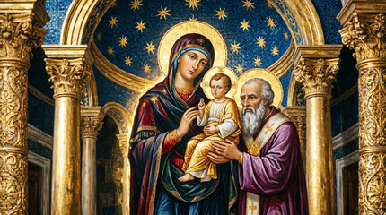 Obraz premium Elegant Simeon prophecy reveals Mary's sacred sorrow in timeless temple art.