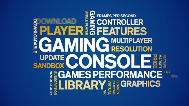 Gaming Console animated word cloud-gross domestic product animation tag kinetic typography seamless loop.