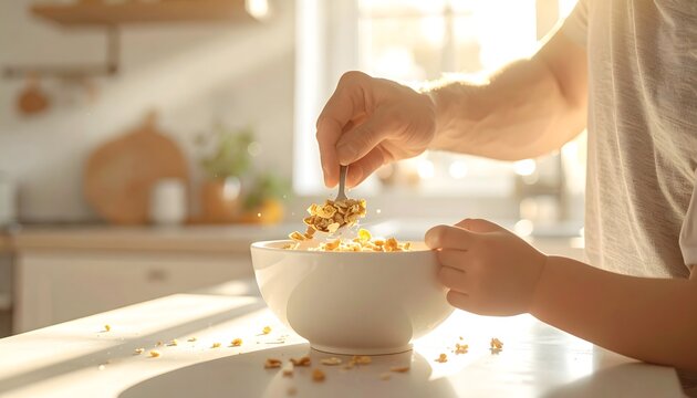 Persona preparando desayuno con cereales en un cuenco blanco en cocina luminosa