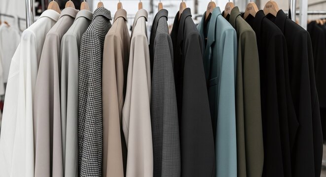 Variety of mens clothing hanging.