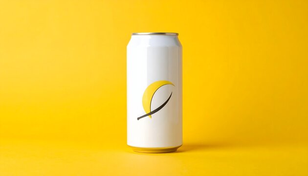Lata blanca minimalista sobre fondo amarillo brillante con dise&ntilde;o limpio de producto