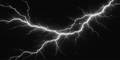 A powerful electric blue lightning bolt strikes across the dark night sky in an abstract illustration of a thunderstorm on a black background © Rehaan