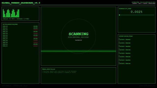 Futuristic Global Threat Dashboard HUD with Green Digital Security Scanning Interface and Network Cybersecurity Vulnerability Index Monitoring Analytics Screen.