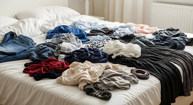Messy pile of clothes on a bed in a bedroom.