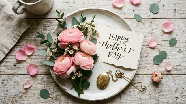 Rustic table setting with flowers and mothers day greeting card note.