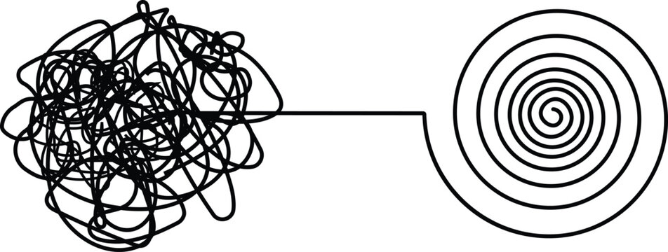 Chaos to Clarity Concept Scribble Turning into Spiral Line Minimal Abstract Problem Solving Idea