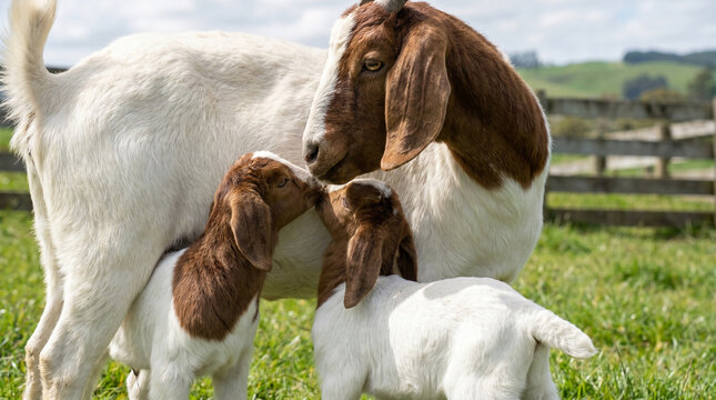 Boer Goat Doe Nurturing Two Young Kids in a Green Farm Pasture