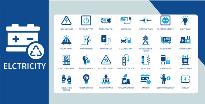 Electricity and Power Flat Duotone Icons Electrical Energy System Charging Circuit Equipment Icon Set