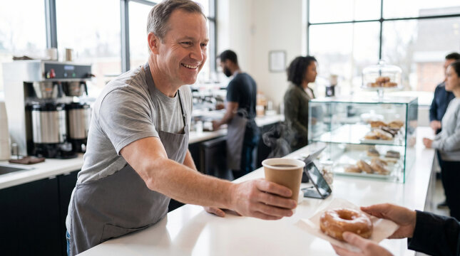 Smiling Barista Serving Coffee and Donut in Modern Cafe