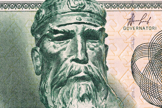 Gjergj Kastrioti - Skanderbeg a closeup portrait from old Albanian money