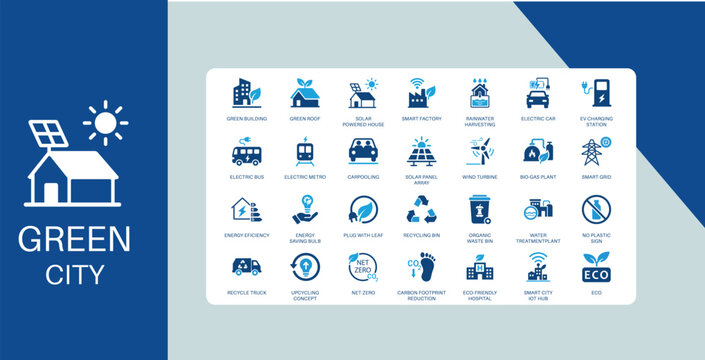 Green City Flat Duotone Icons Sustainable Energy Smart City Renewable Power Eco Friendly Icon Set