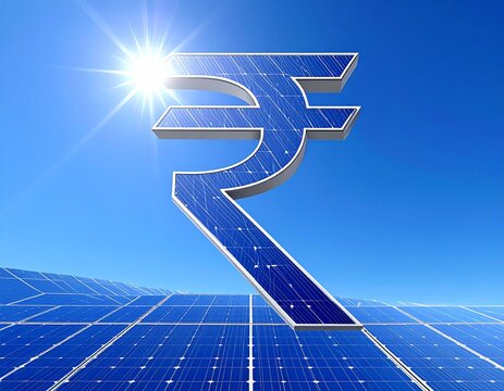 solar panel shaped like the Indian Rupee symbol (₹) logo in white background