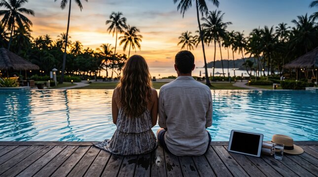 Young couple traveler relaxing and enjoying the sunset by a tropical resort pool while traveling for summer vacation