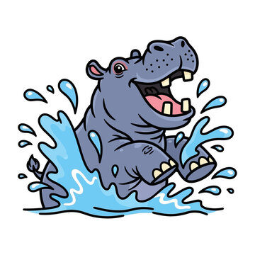 Happy Hippo Splashing in Water Cartoon