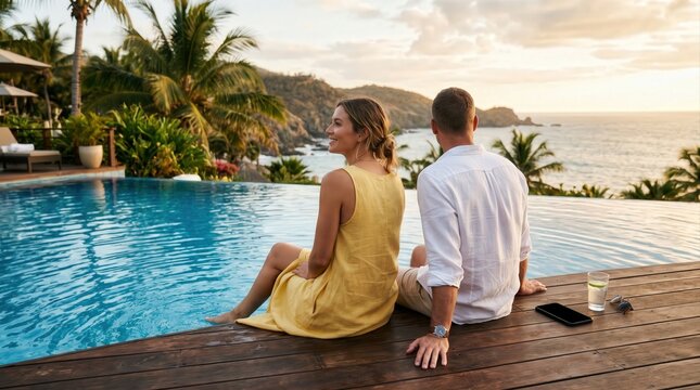 Young couple traveler relaxing and enjoying the sunset by a tropical resort pool while traveling for summer vacation