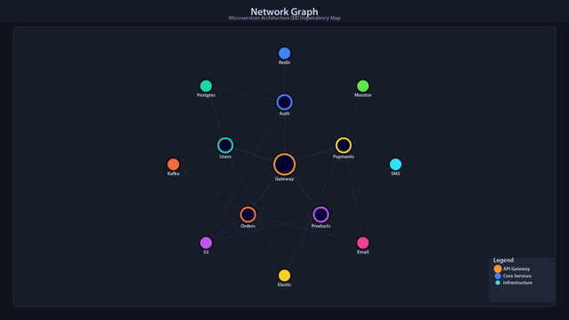 Microservices Architecture Network Graph and Dependency Map Illustration for Software System Design