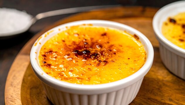 Crema catalana caramelizada servida en ramekin blanco sobre mesa de madera