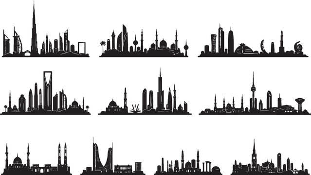 Middle East City Skyline Silhouette Collection Minimalist Black Vector Illustration