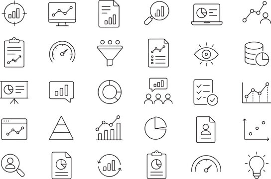 business performance analytics icon collection minimalist outline vector data tracking metrics icons