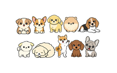 Fototapeta premium Cute cartoon dog icon set featuring various small puppy breeds in flat vector style, isolated on clean background, perfect for stickers, apps, and UI design