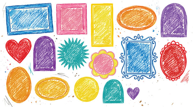 Assorted hand drawn colorful frames, borders and shapes on a checkered background.