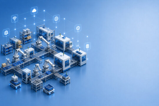 Smart factory IoT network concept with connected industrial automation system and data communication, copy space