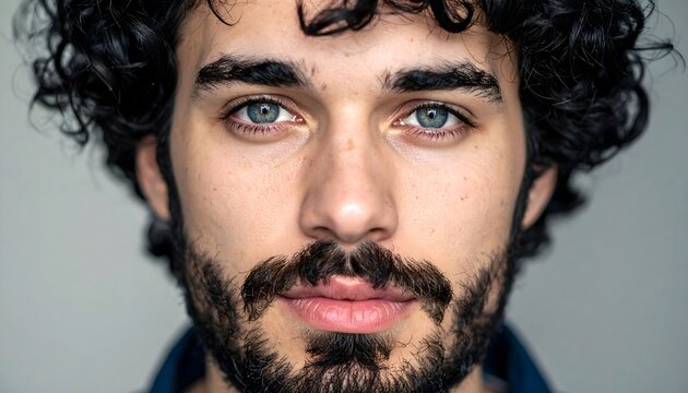Retrato masculino en primer plano con ojos claros, barba y cabello rizado