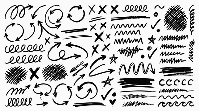 Black ink doodle sketches with various arrows cross hatching swirls and check marks for creative layout designs.