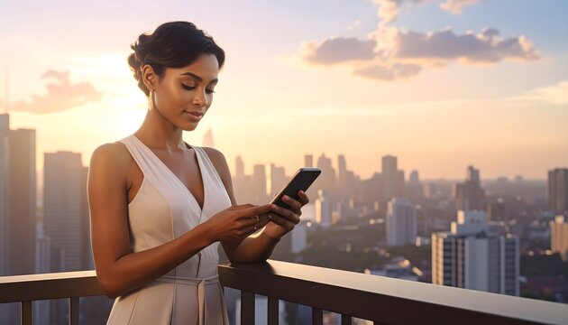 Mujer joven usando el m&oacute;vil en terraza urbana con ciudad al atardecer