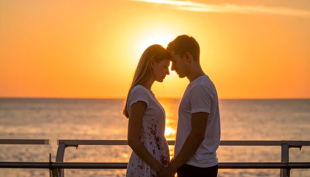 Pareja joven abrazada frente al mar al atardecer con luz rom&aacute;ntica dorada